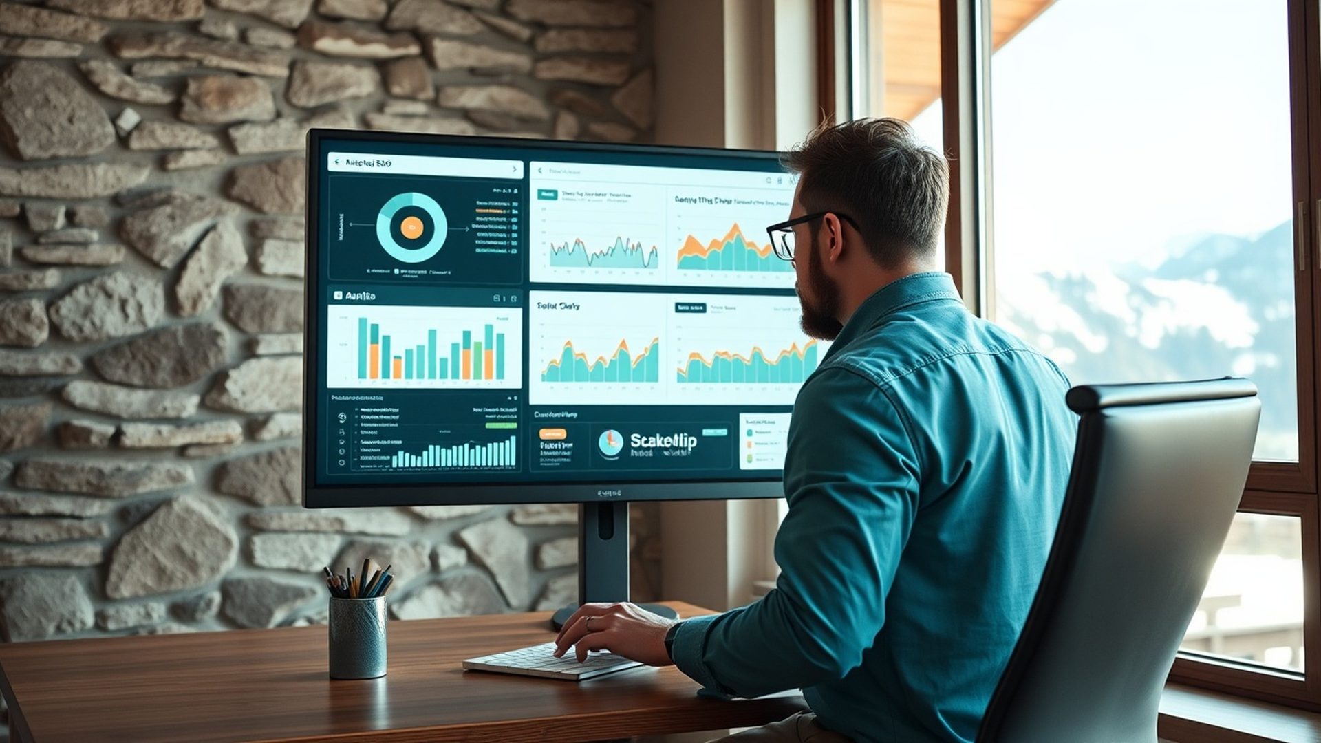 SEO analitik pregleduje audit poročilo na velikem monitorju